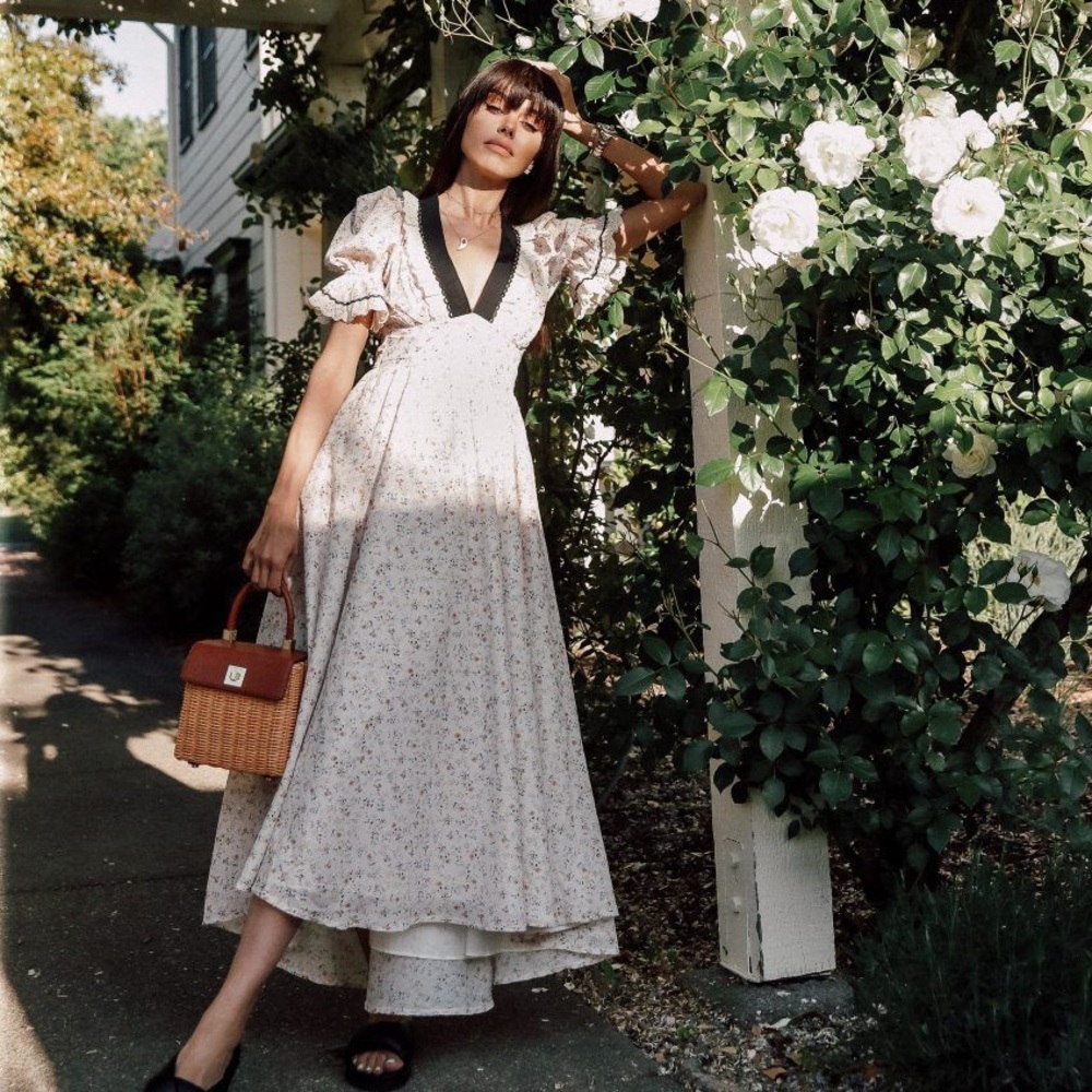Ivory Floral V-Neck Puff Sleeve Maxi Dress